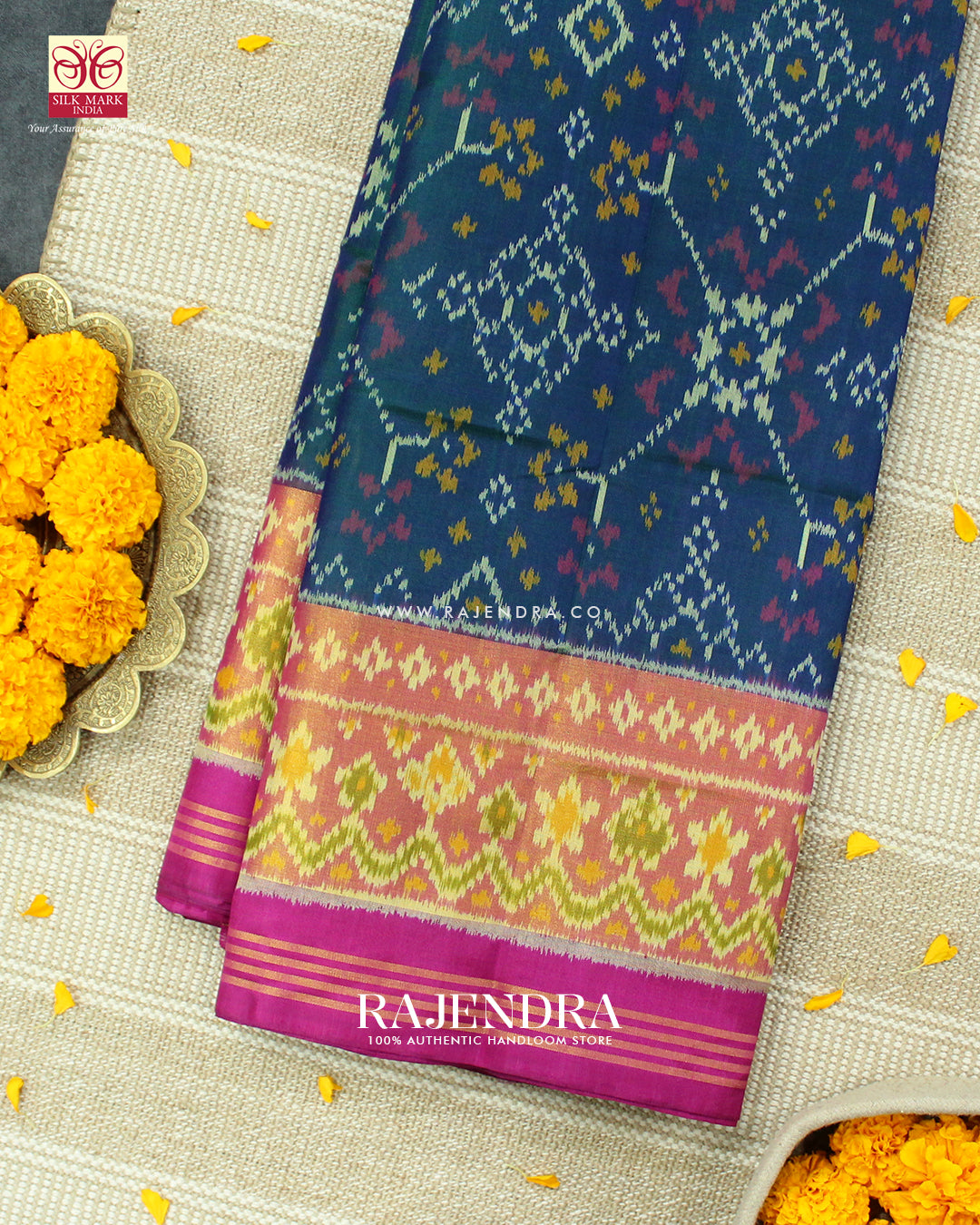 Traditional Navratna Design Pink and Blue Single Ikat Rajkot Patola Saree