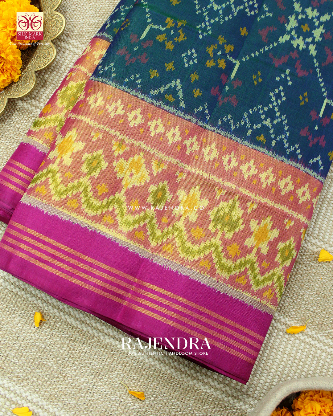 Traditional Navratna Design Pink and Blue Single Ikat Rajkot Patola Saree