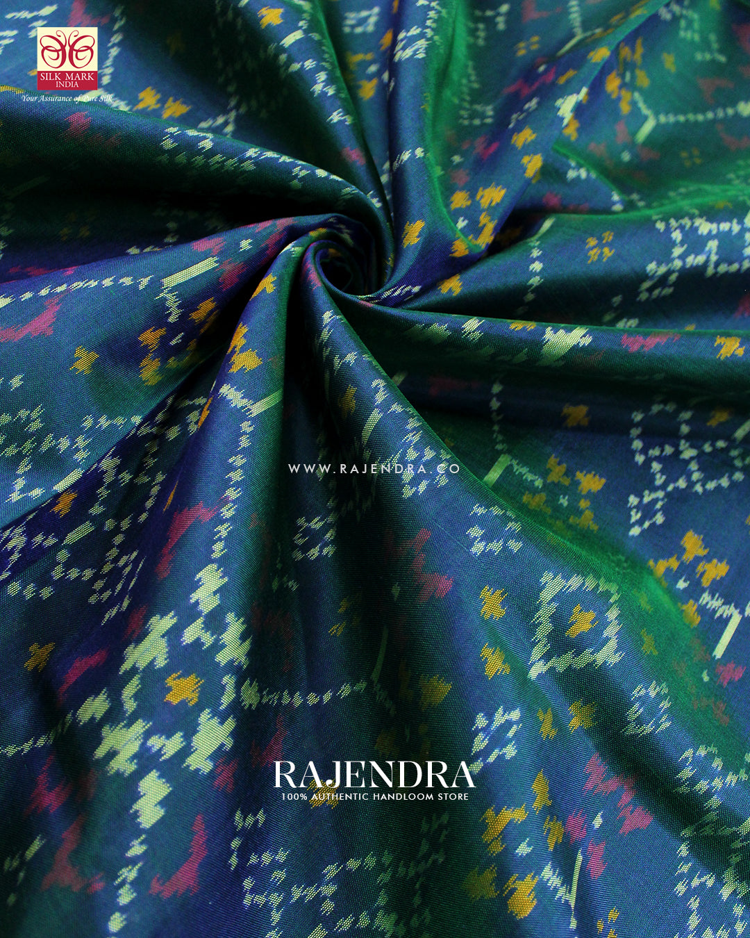 Traditional Navratna Design Pink and Blue Single Ikat Rajkot Patola Saree