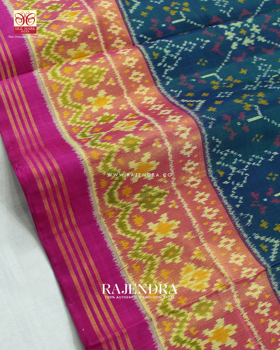 Traditional Navratna Design Pink and Blue Single Ikat Rajkot Patola Saree
