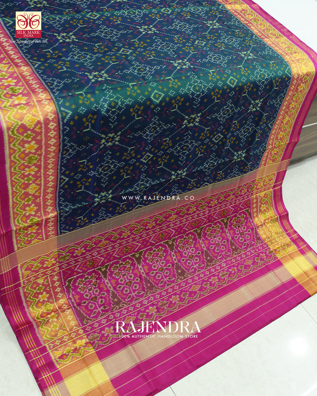 Traditional Navratna Design Pink and Blue Single Ikat Rajkot Patola Saree
