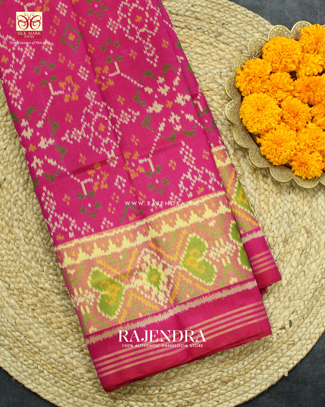 Traditional Navratna Design Pink Single Ikat Rajkot Patola Saree