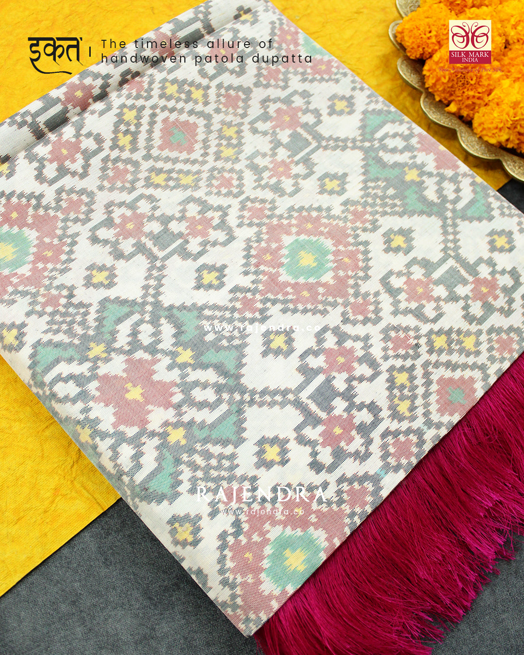 Traditional Navratna Pink White Ikat Rajkot Patola Dupatta
