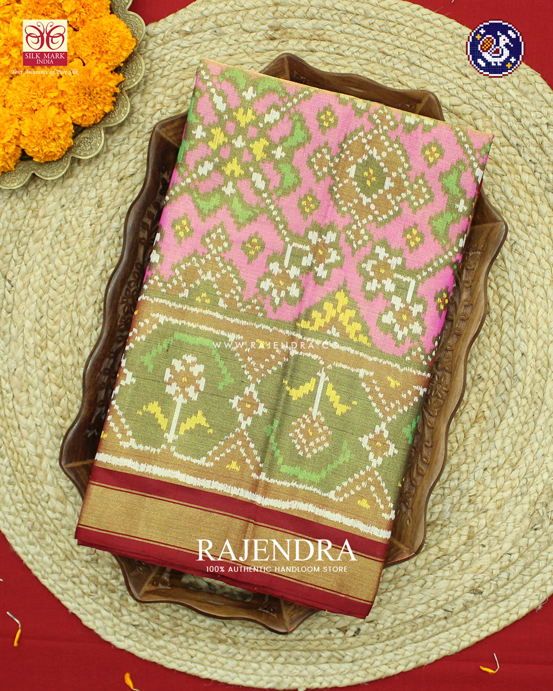 Traditional Navratna Design Red and Pink Zari Tissue Rajkot Patola Saree