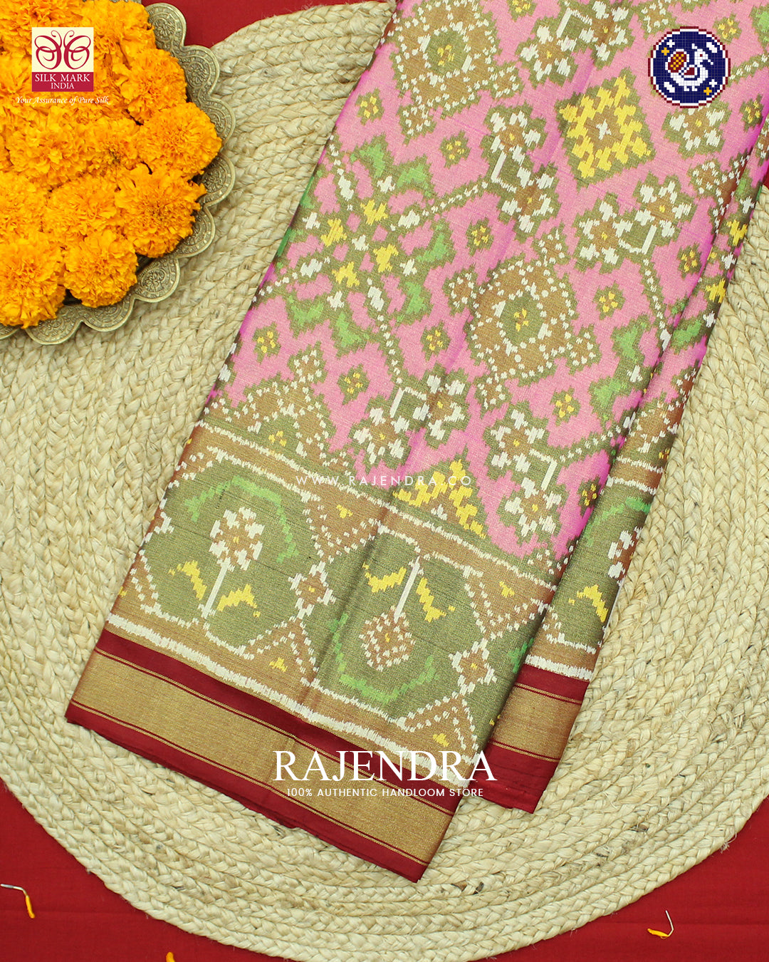 Traditional Navratna Design Red and Pink Zari Tissue Rajkot Patola Saree