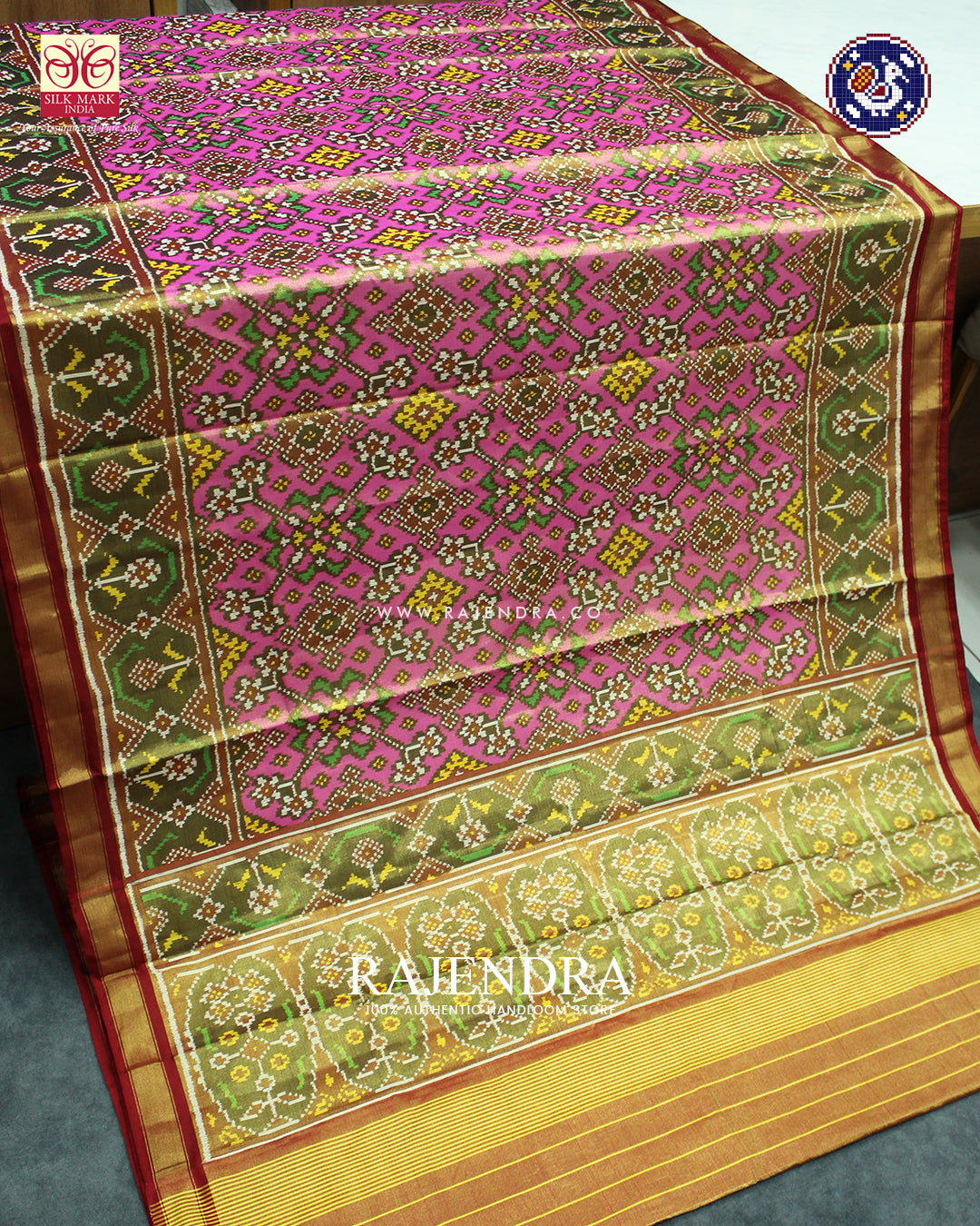 Traditional Navratna Design Red and Pink Zari Tissue Rajkot Patola Saree