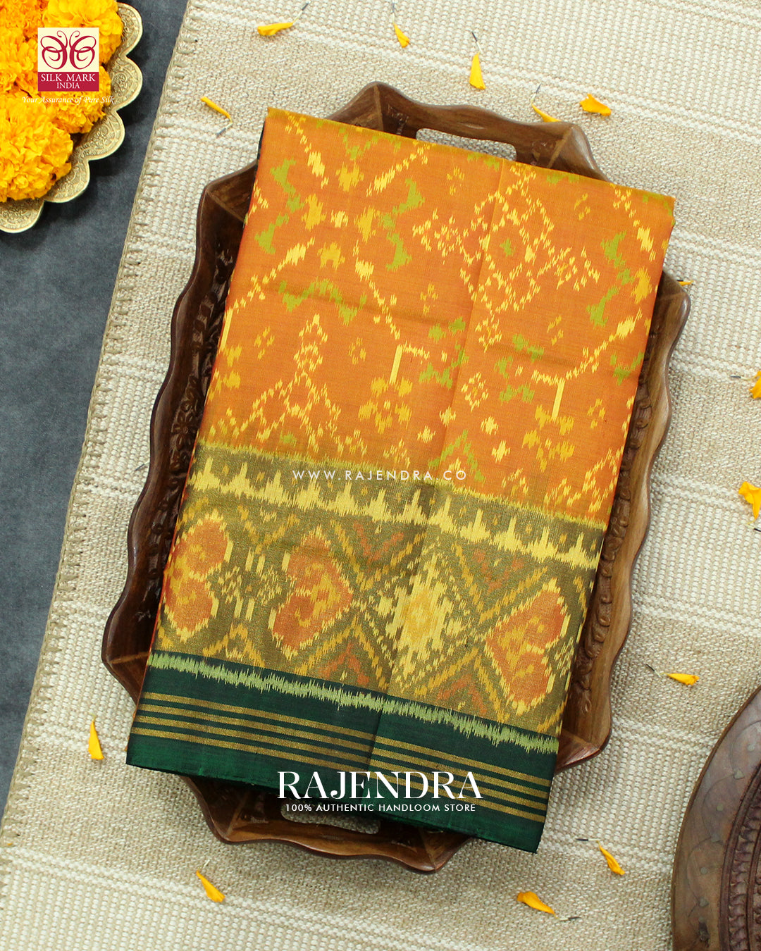 Traditional Navratna Design Green Mustard Single Ikat Rajkot Patola Saree