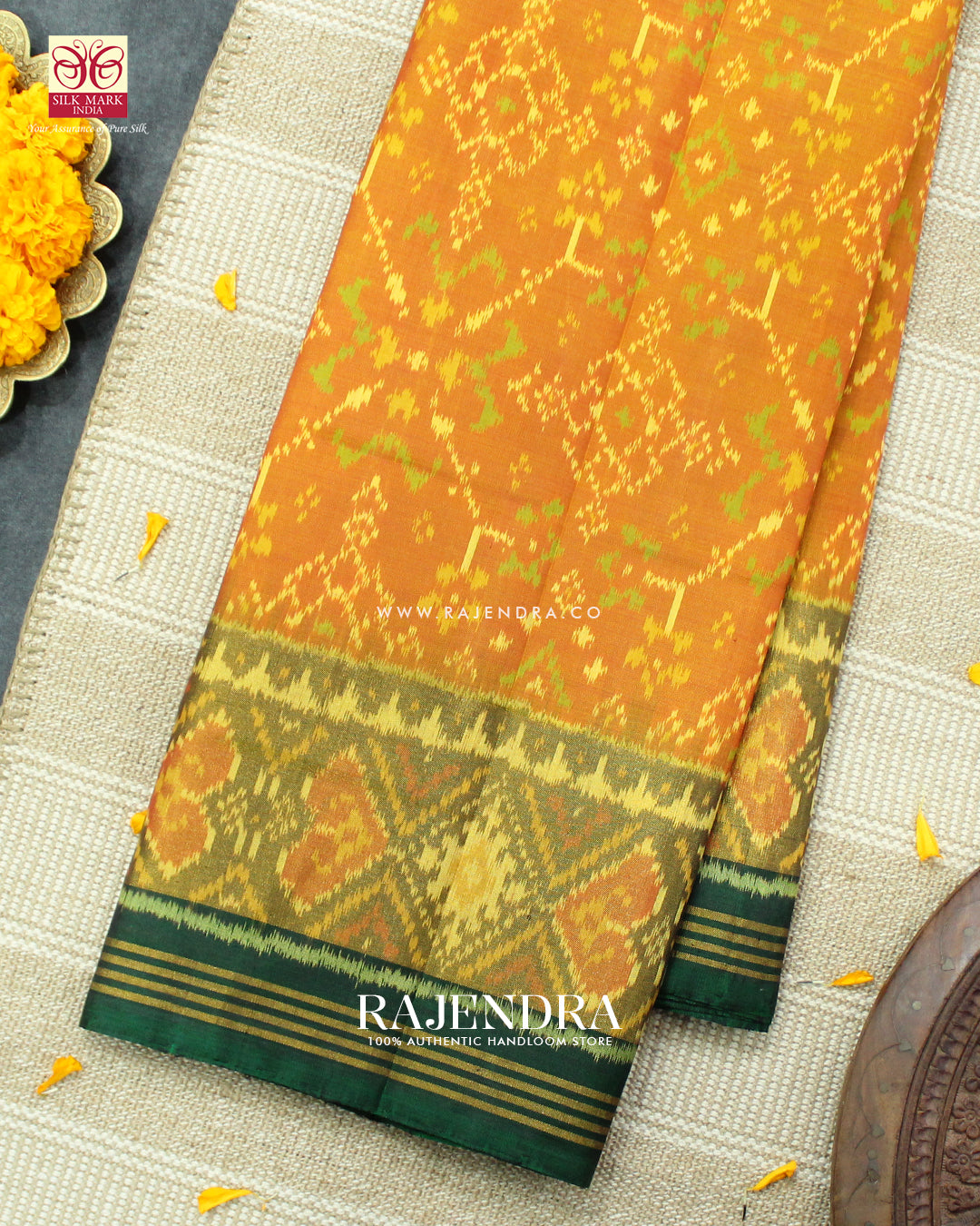Traditional Navratna Design Green Mustard Single Ikat Rajkot Patola Saree