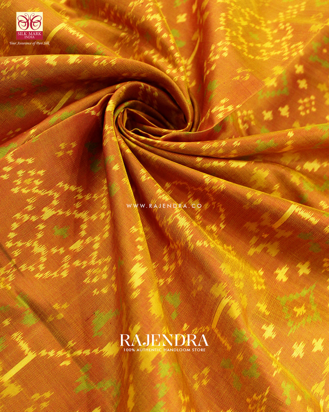 Traditional Navratna Design Green Mustard Single Ikat Rajkot Patola Saree