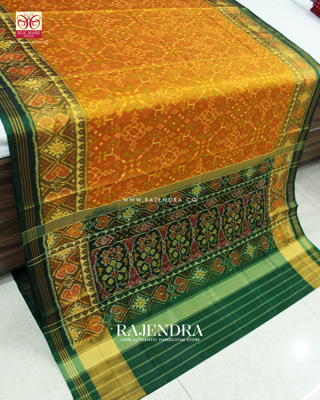 Traditional Navratna Design Green Mustard Single Ikat Rajkot Patola Saree