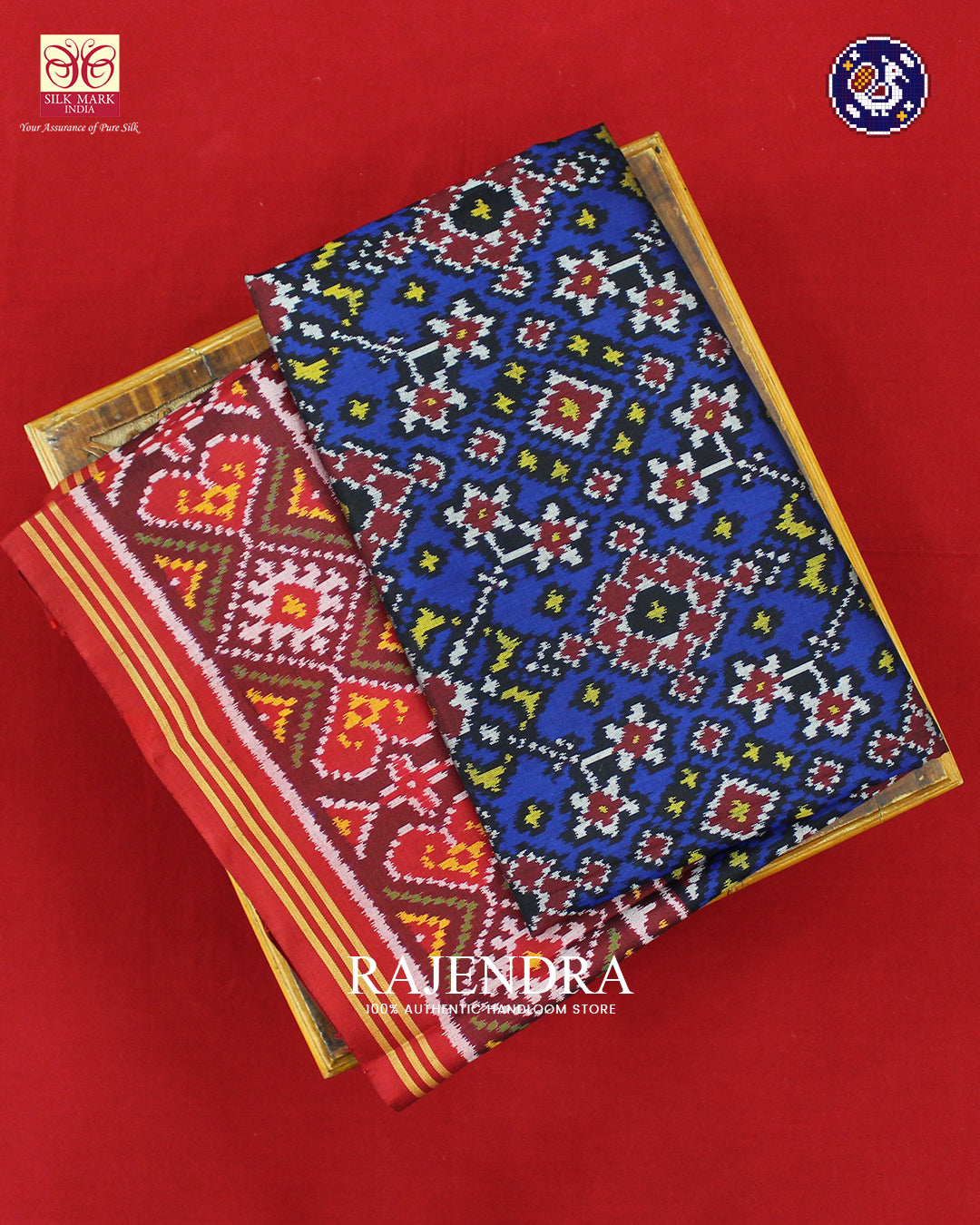 Traditional Navratna Design Red and Blue Ikat Rajkot Patola Saree