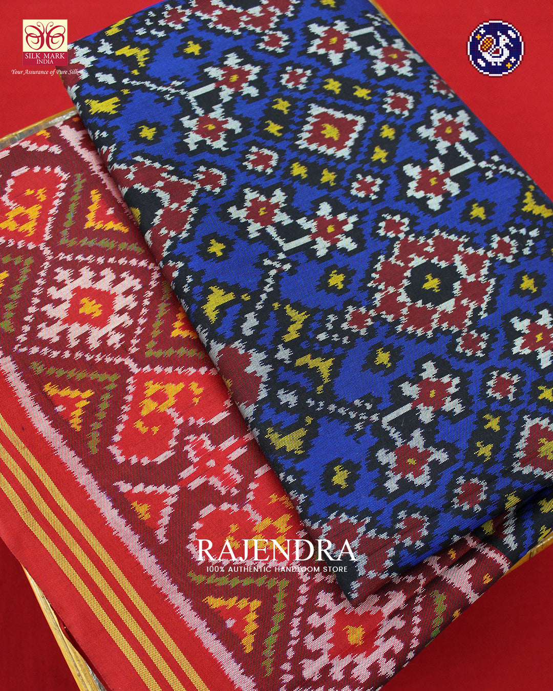 Traditional Navratna Design Red and Blue Ikat Rajkot Patola Saree
