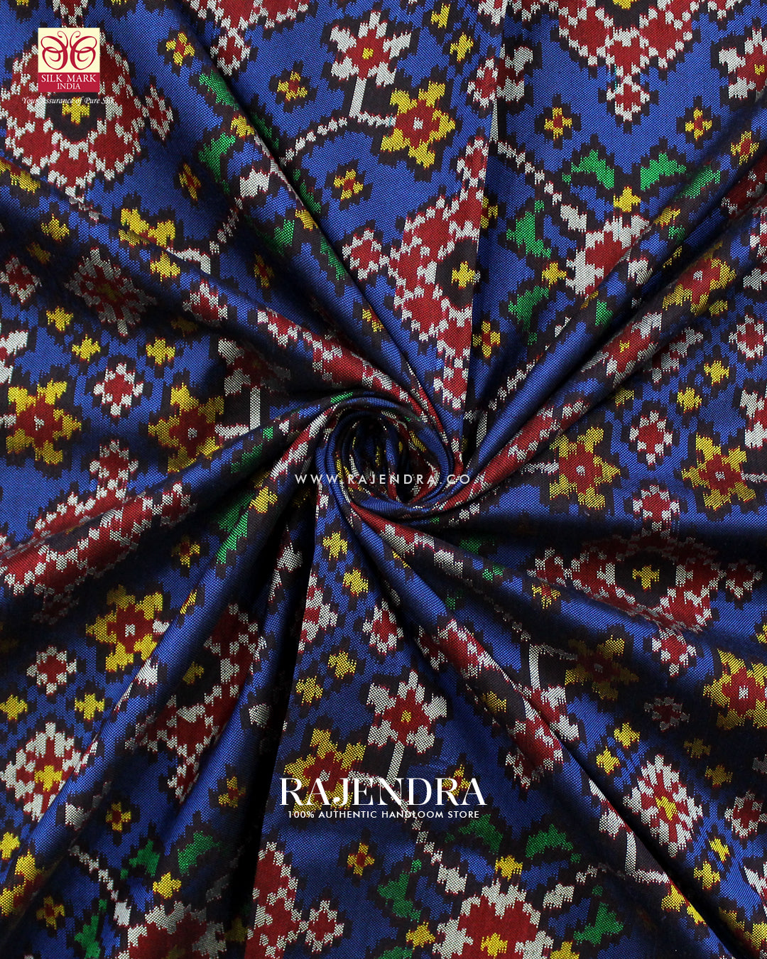 Traditional Navratna Design Red and Blue Ikat Rajkot Patola Saree