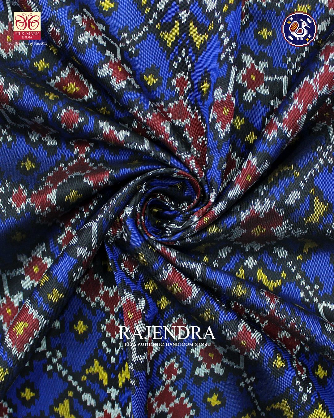 Traditional Navratna Design Red and Blue Ikat Rajkot Patola Saree