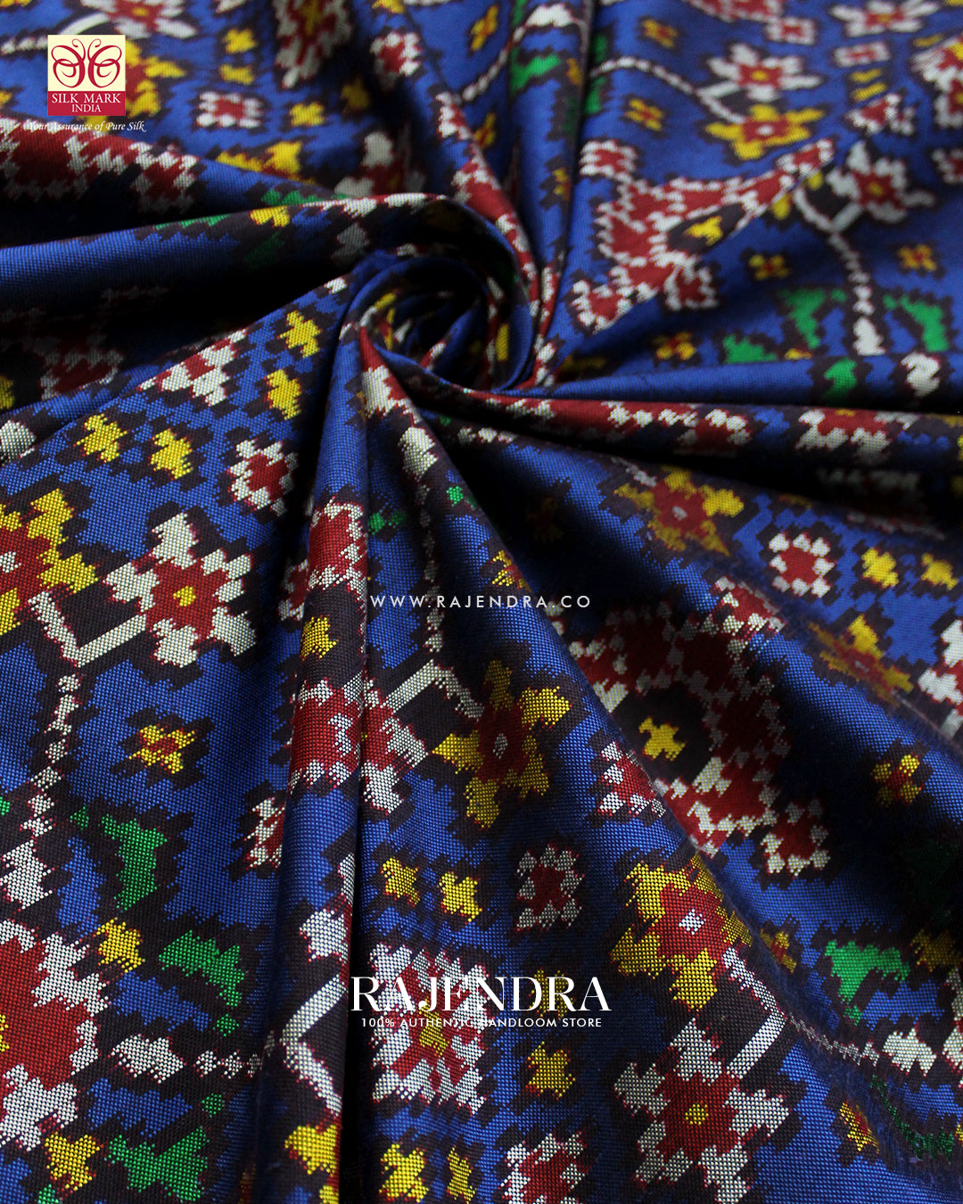 Traditional Navratna Design Red and Blue Ikat Rajkot Patola Saree
