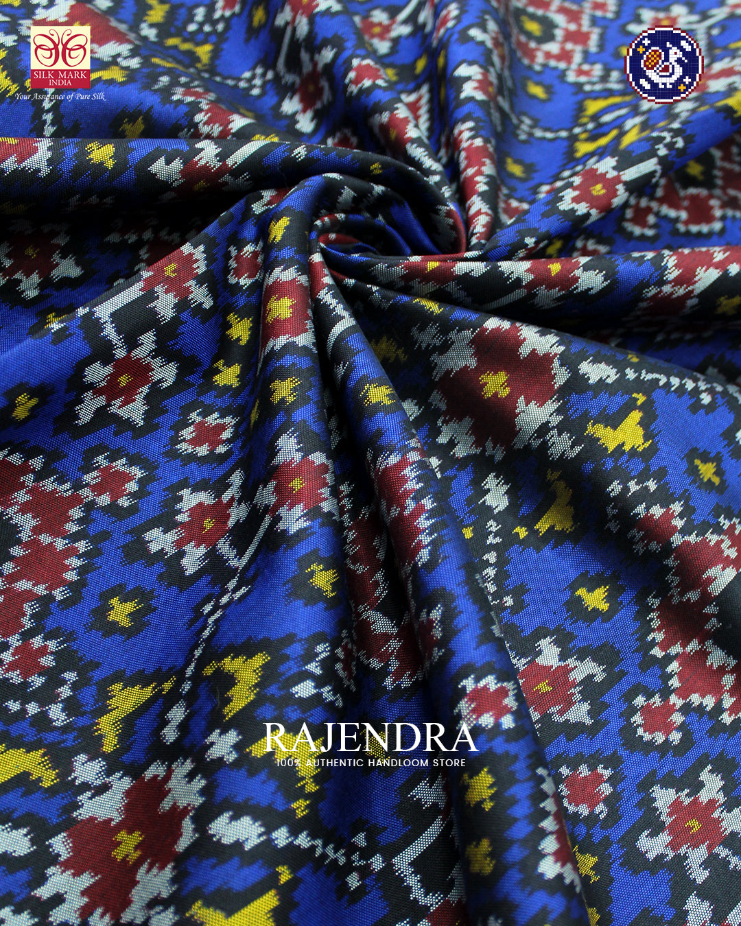 Traditional Navratna Design Red and Blue Ikat Rajkot Patola Saree