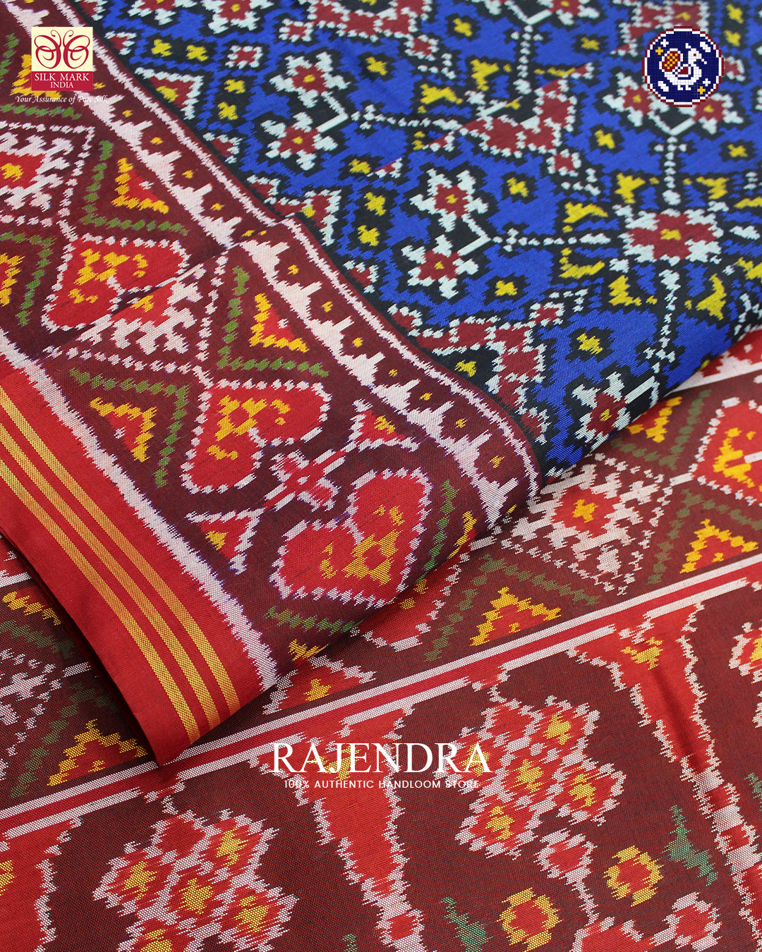 Traditional Navratna Design Red and Blue Ikat Rajkot Patola Saree