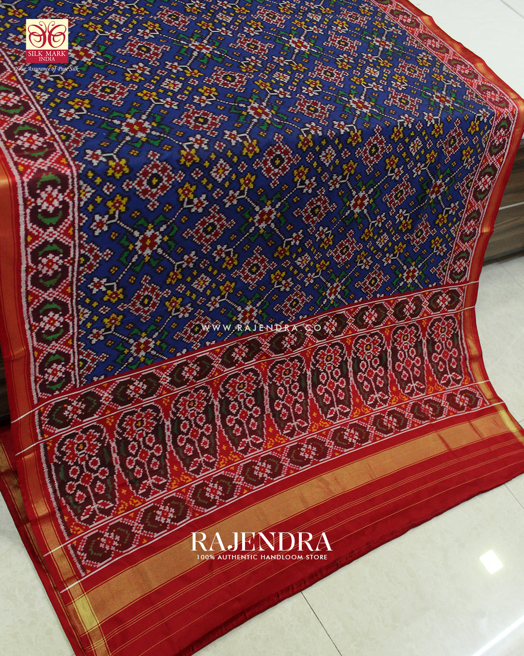Traditional Navratna Design Red and Blue Ikat Rajkot Patola Saree