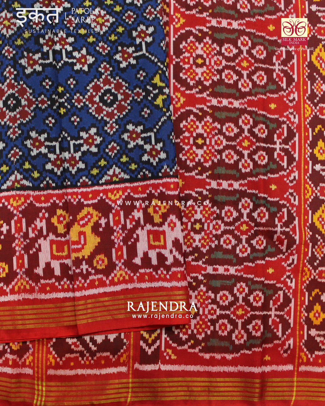 Traditional Navratna Design Red and Blue Semi Double Ikat Rajkot Patola Saree