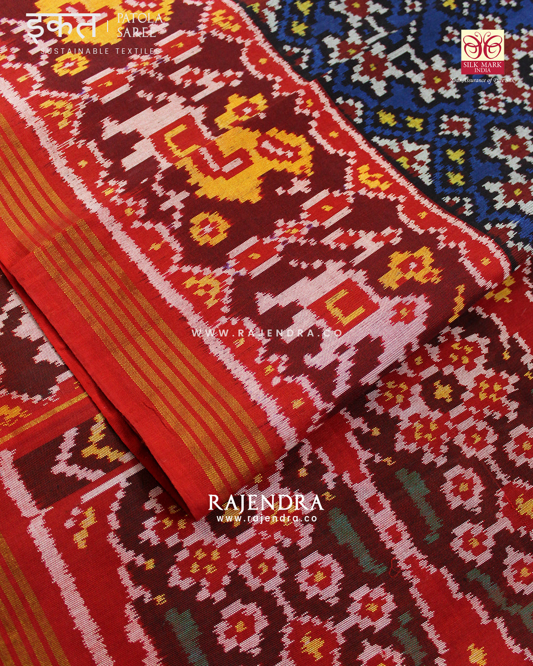 Traditional Navratna Design Red and Blue Semi Double Ikat Rajkot Patola Saree