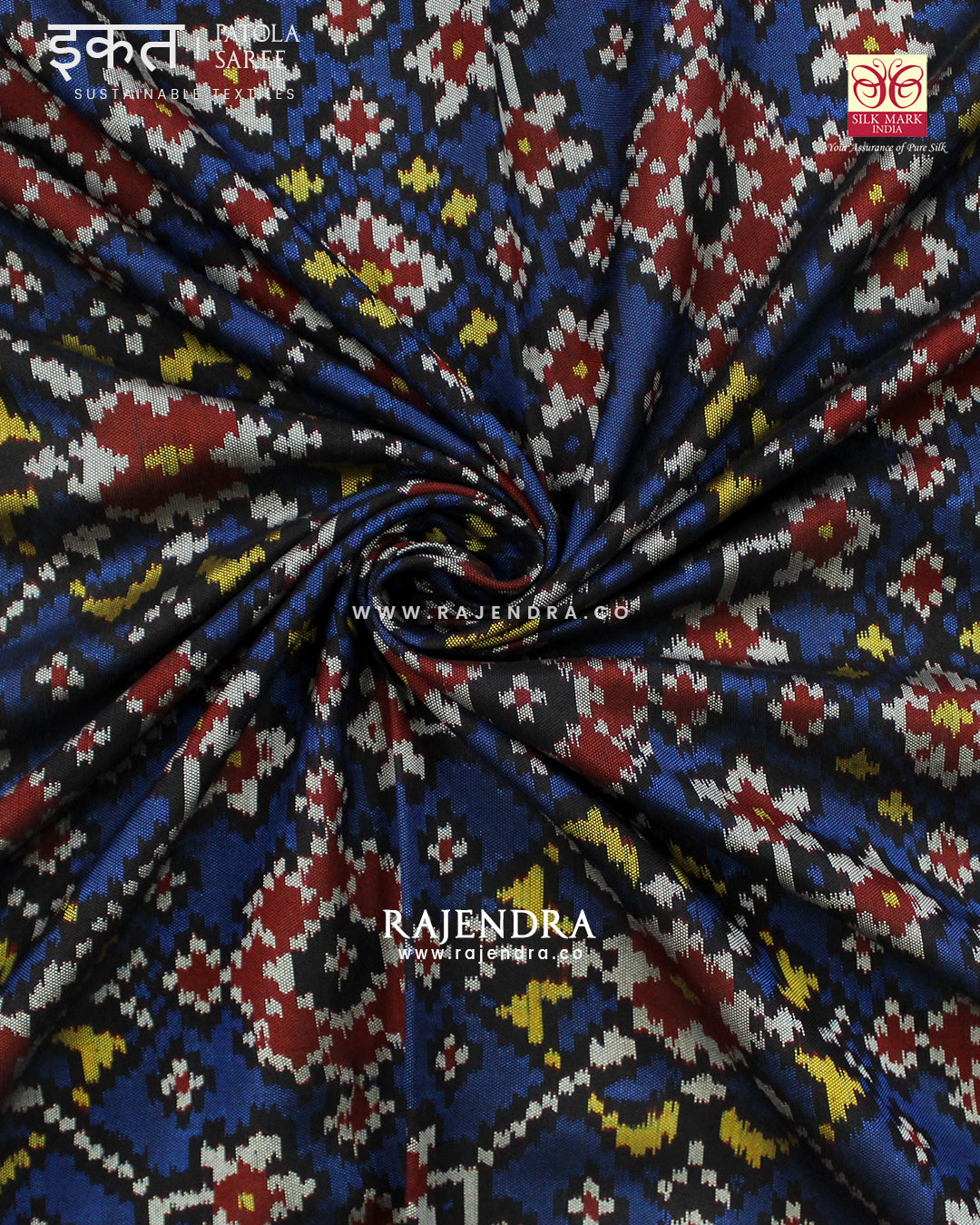 Traditional Navratna Design Red and Blue Semi Double Ikat Rajkot Patola Saree