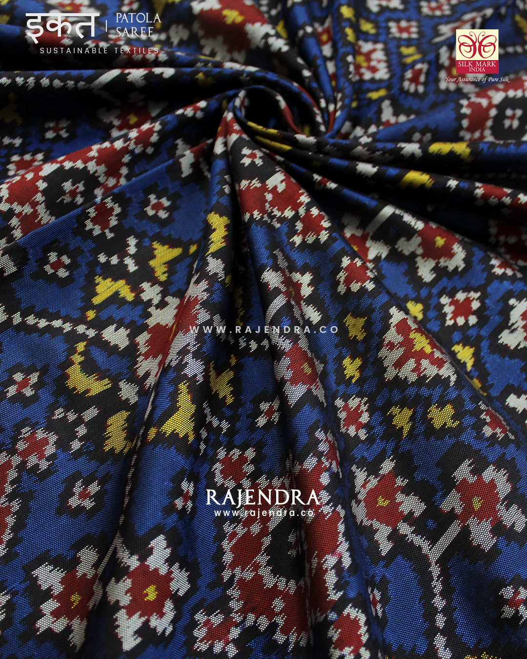 Traditional Navratna Design Red and Blue Semi Double Ikat Rajkot Patola Saree