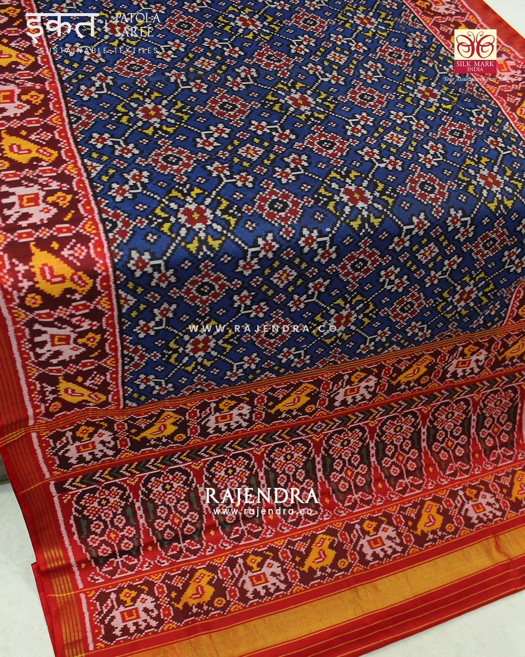 Traditional Navratna Design Red and Blue Semi Double Ikat Rajkot Patola Saree