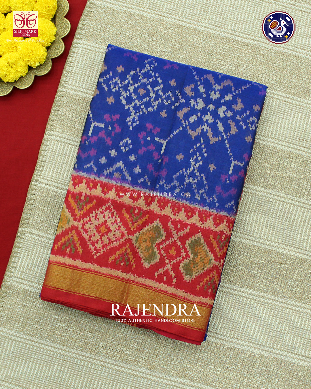 Traditional Navratna Design Red and Blue Rajkot Patola Saree