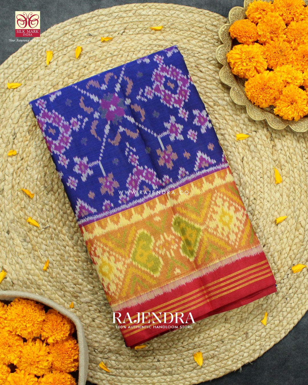 Traditional Navratna Design Red and Blue Single Ikat Rajkot Patola Saree