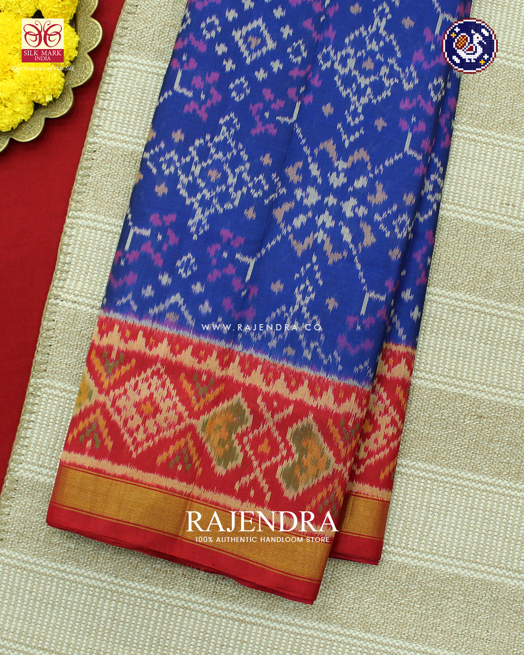 Traditional Navratna Design Red and Blue Rajkot Patola Saree