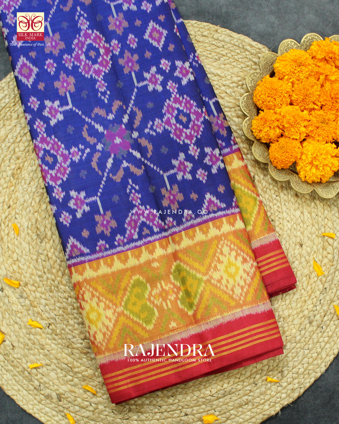 Traditional Navratna Design Red and Blue Single Ikat Rajkot Patola Saree