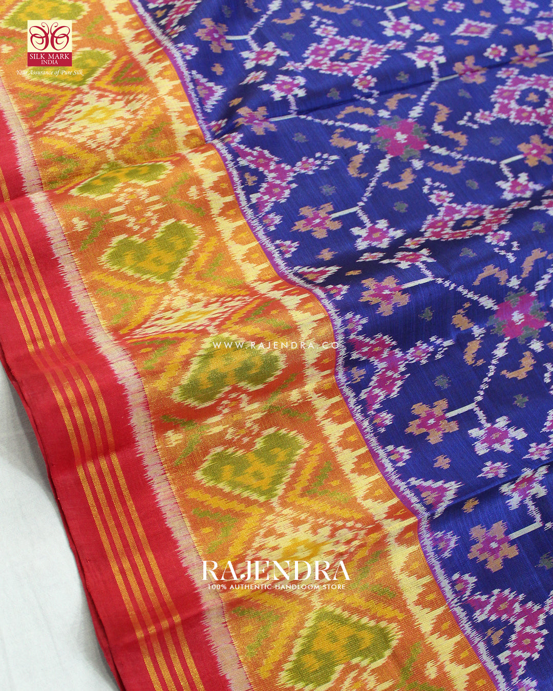 Traditional Navratna Design Red and Blue Single Ikat Rajkot Patola Saree