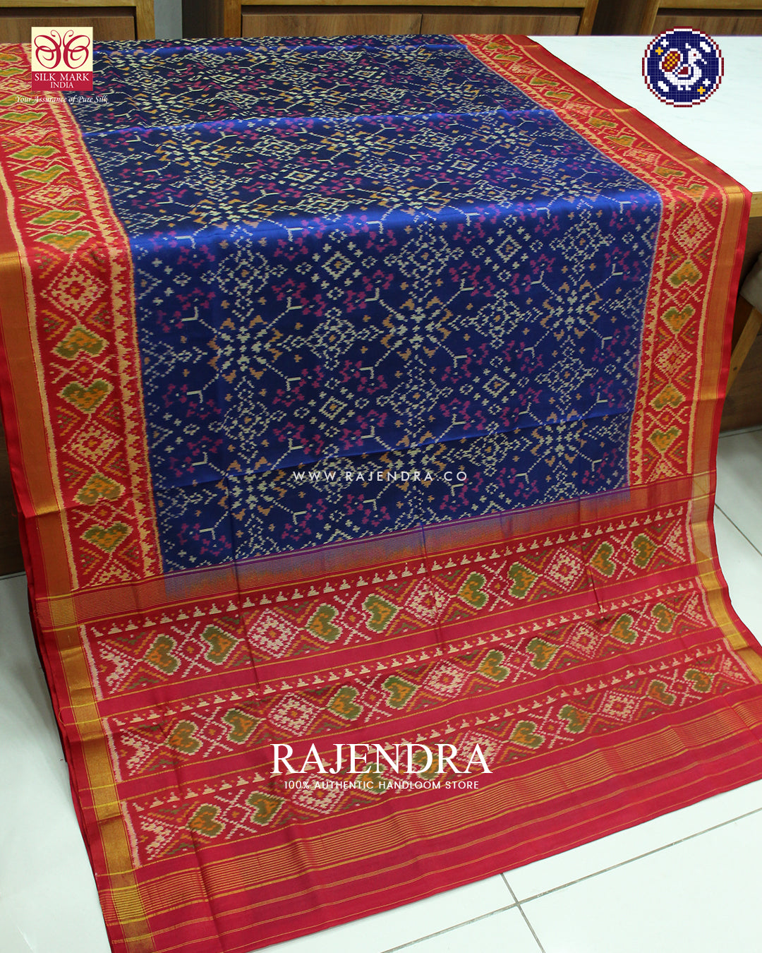Traditional Navratna Design Red and Blue Rajkot Patola Saree