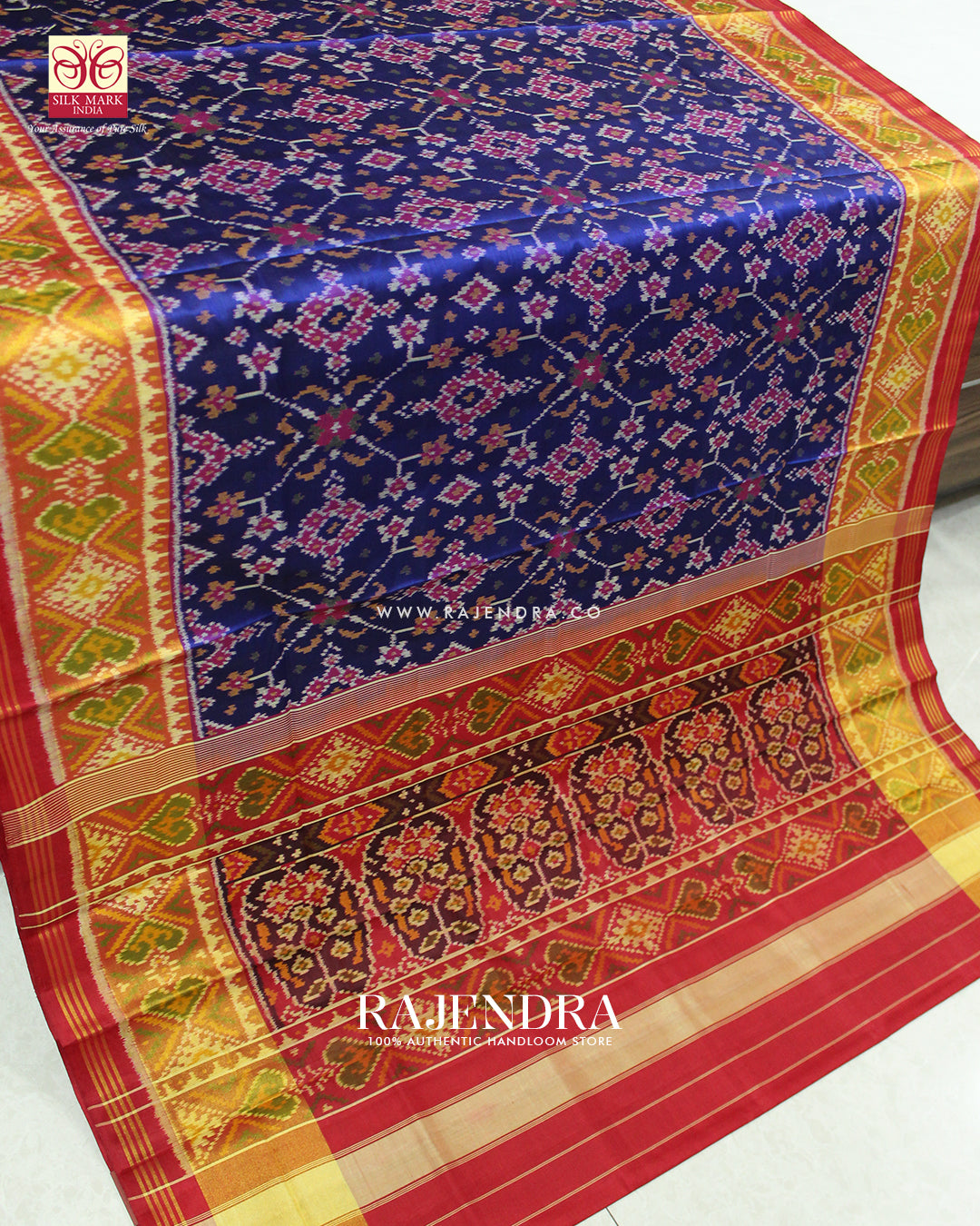 Traditional Navratna Design Red and Blue Single Ikat Rajkot Patola Saree