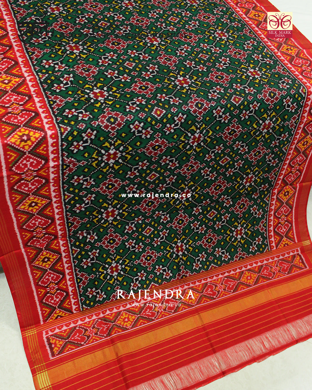 Traditional Navratna Design Red and Green Ikat Rajkot Patola Dupatta