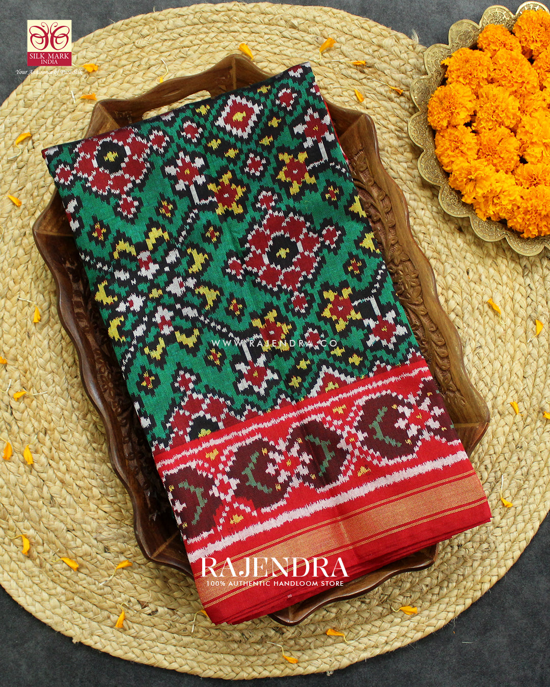 Exclusive Navratna Design Red and Green Ikat Rajkot Patola Saree
