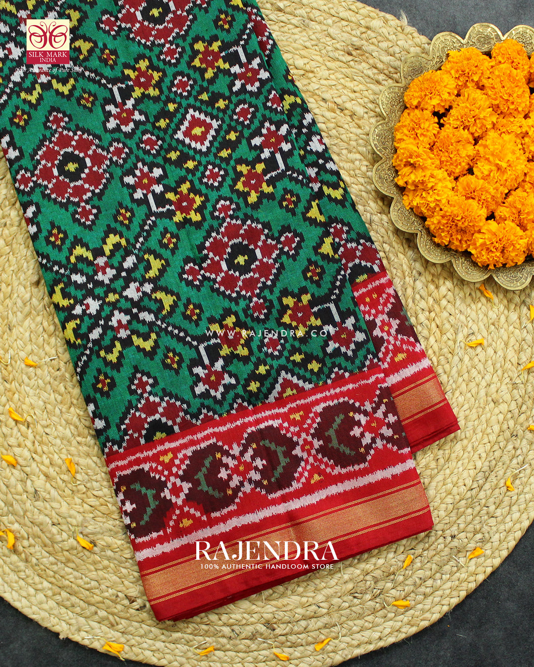 Exclusive Navratna Design Red and Green Ikat Rajkot Patola Saree
