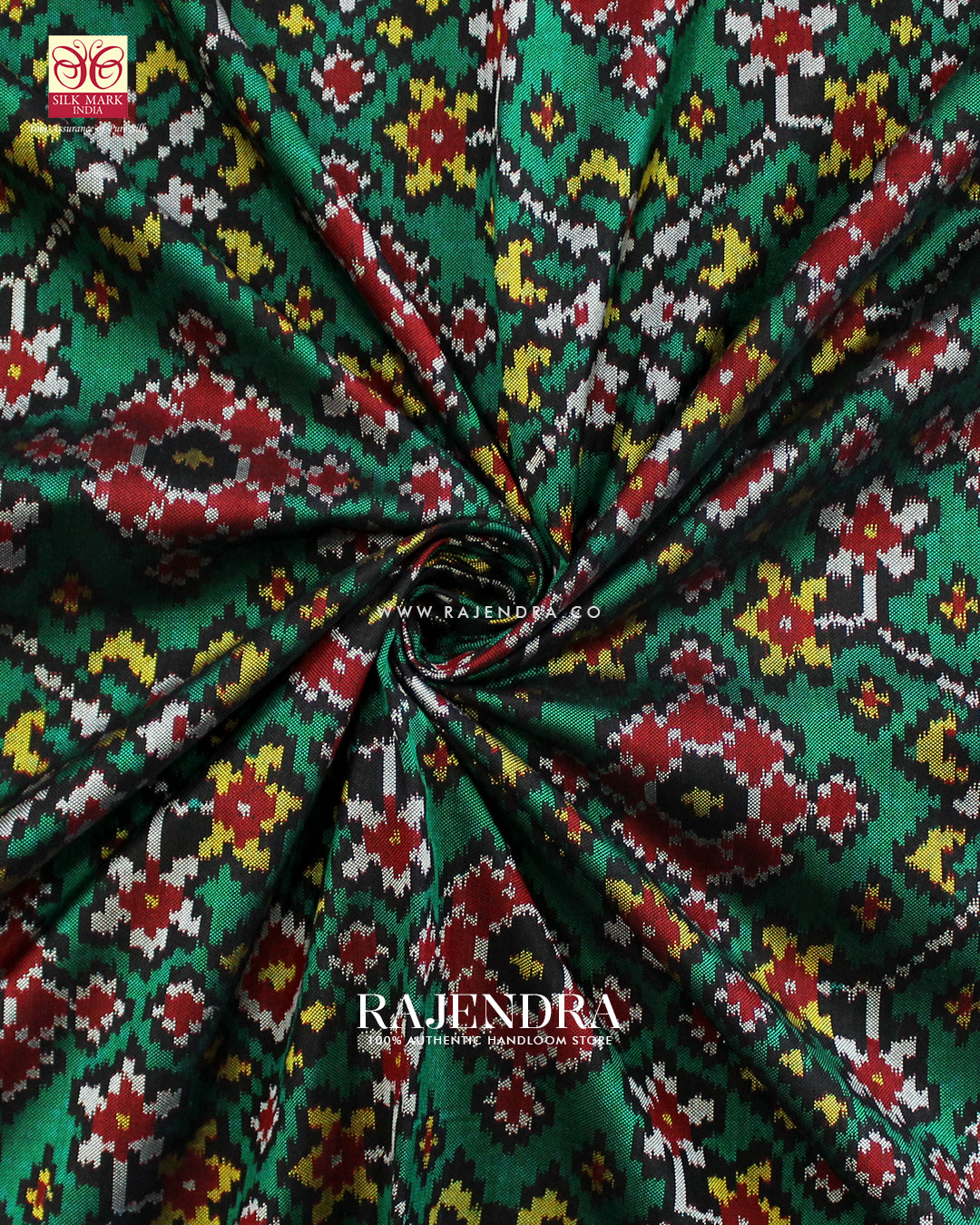 Exclusive Navratna Design Red and Green Ikat Rajkot Patola Saree