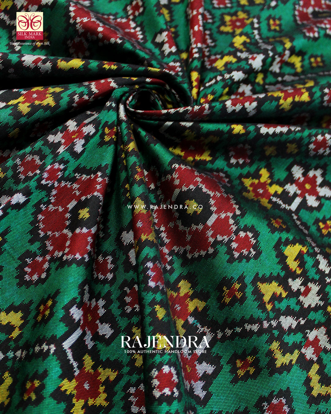 Exclusive Navratna Design Red and Green Ikat Rajkot Patola Saree
