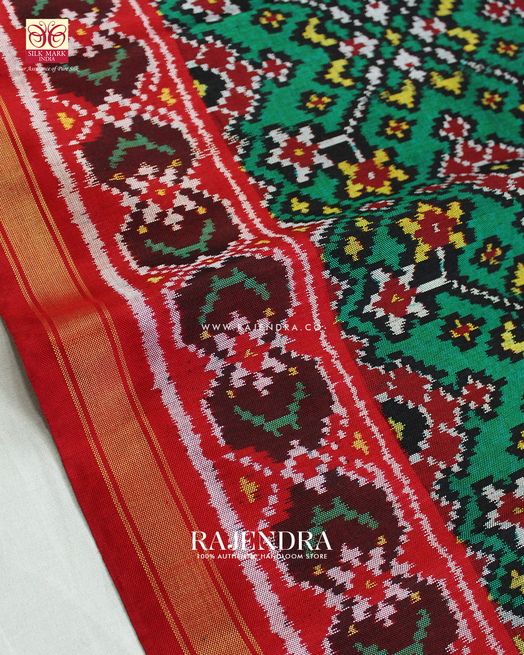 Exclusive Navratna Design Red and Green Ikat Rajkot Patola Saree