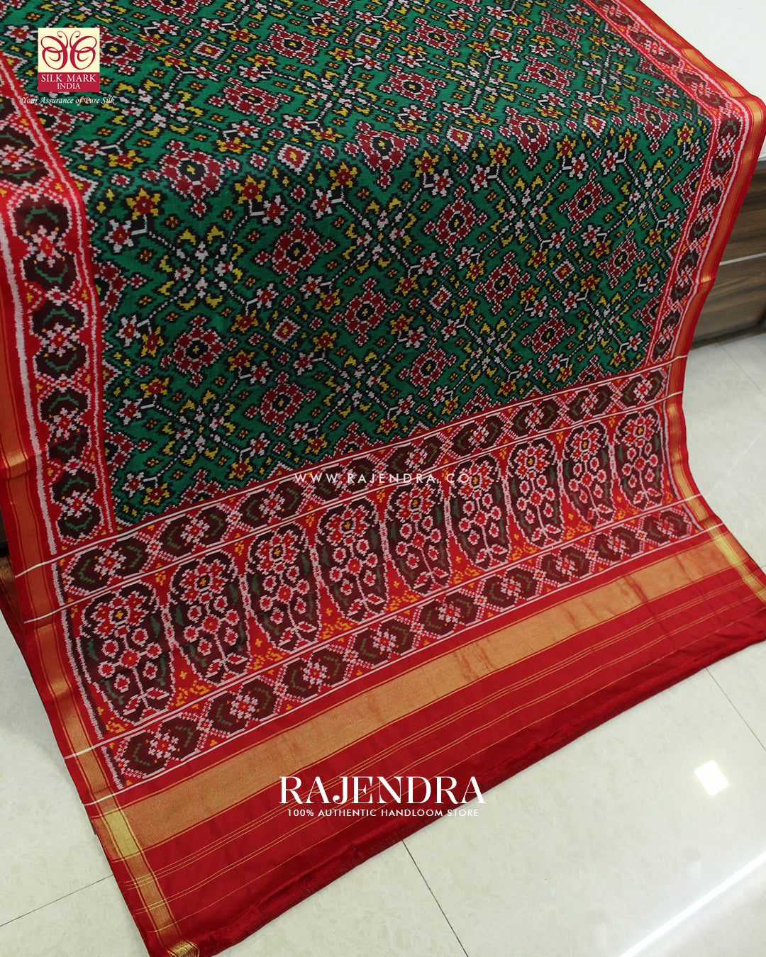 Exclusive Navratna Design Red and Green Ikat Rajkot Patola Saree