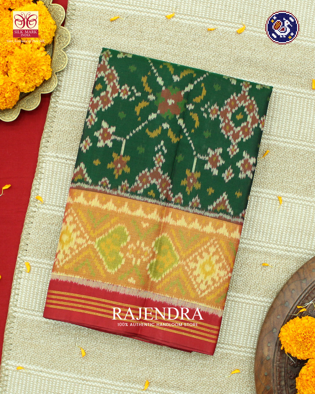 Traditional Navratna Design Red and Green Rajkot Patola Saree