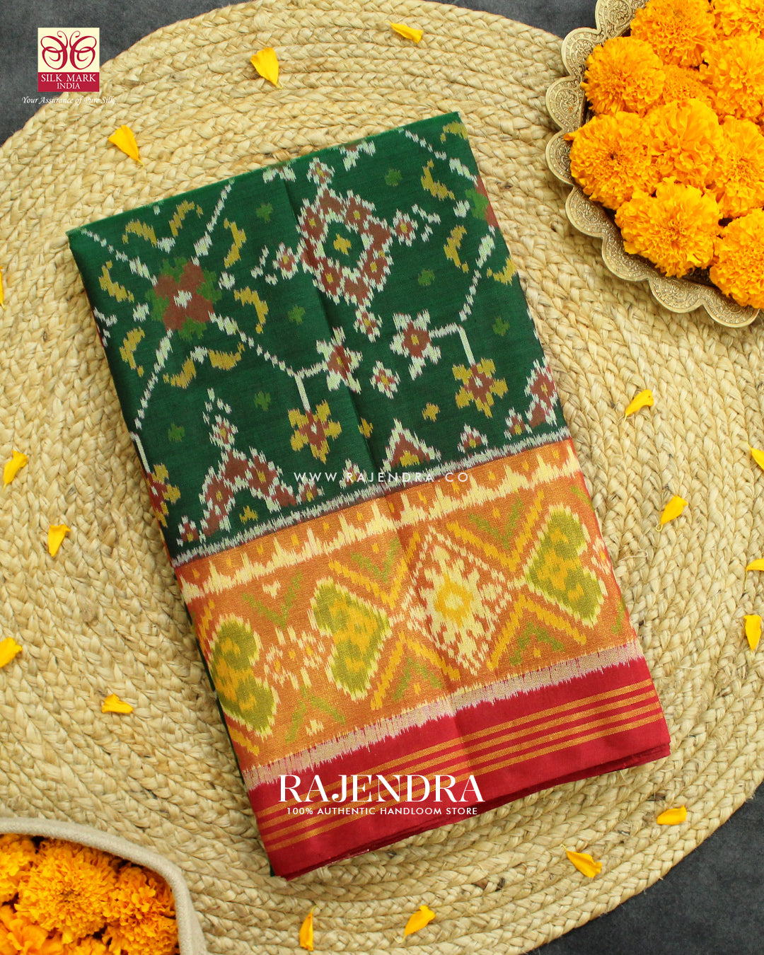 Traditional Navratna Red and Green Single Ikat Rajkot Patola Saree