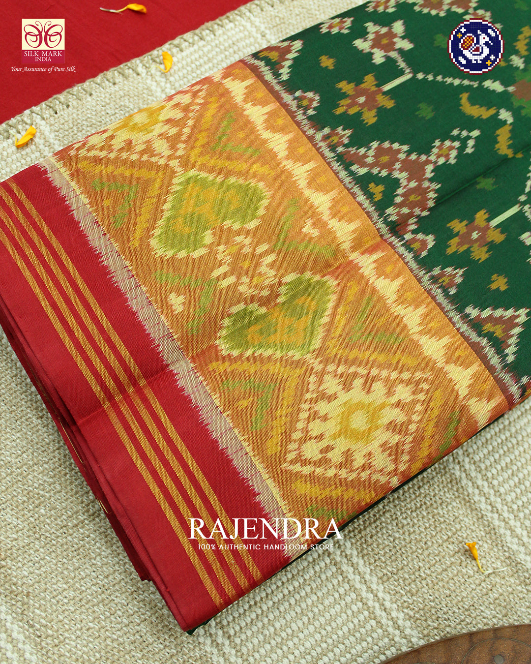 Traditional Navratna Design Red and Green Rajkot Patola Saree