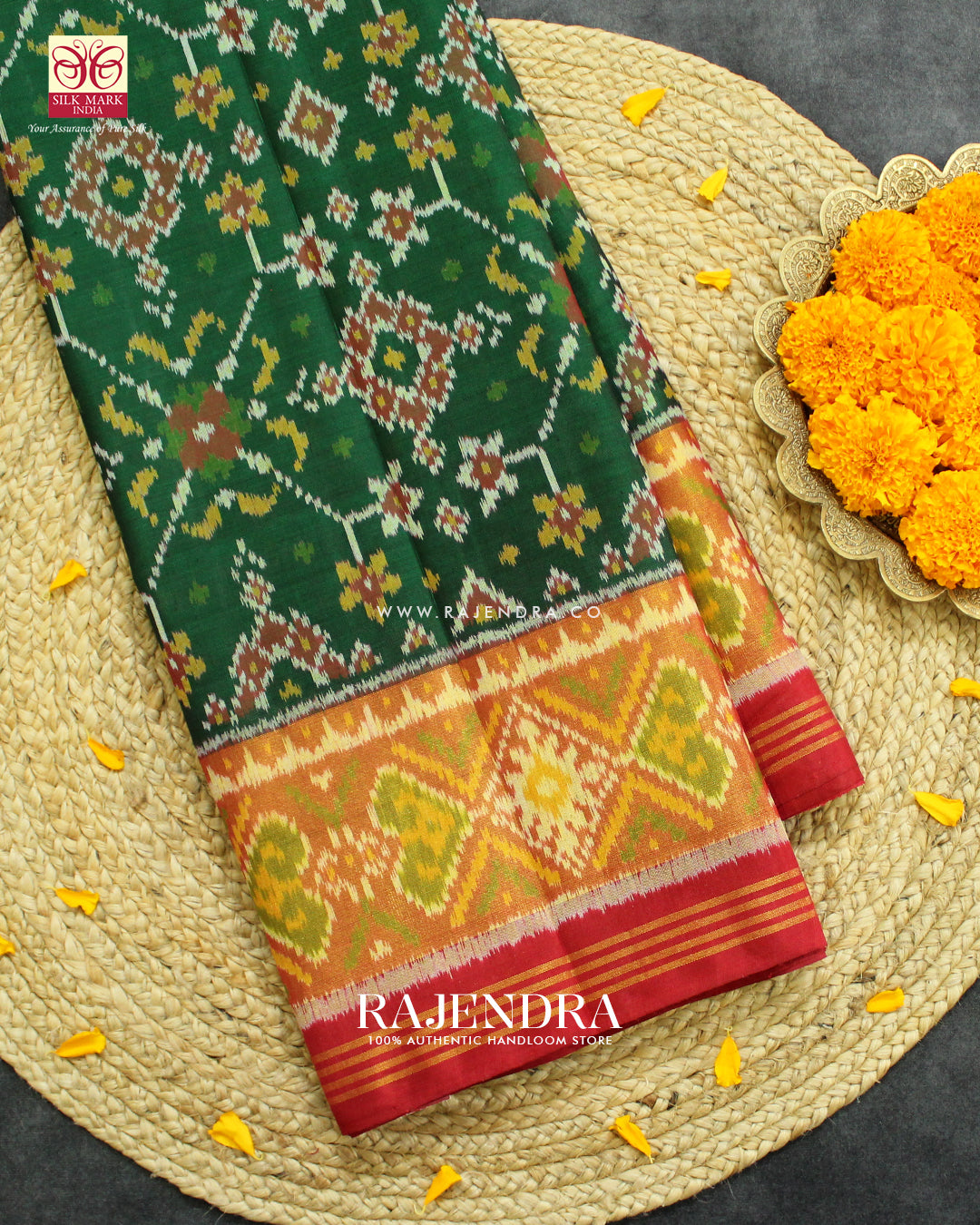 Traditional Navratna Red and Green Single Ikat Rajkot Patola Saree