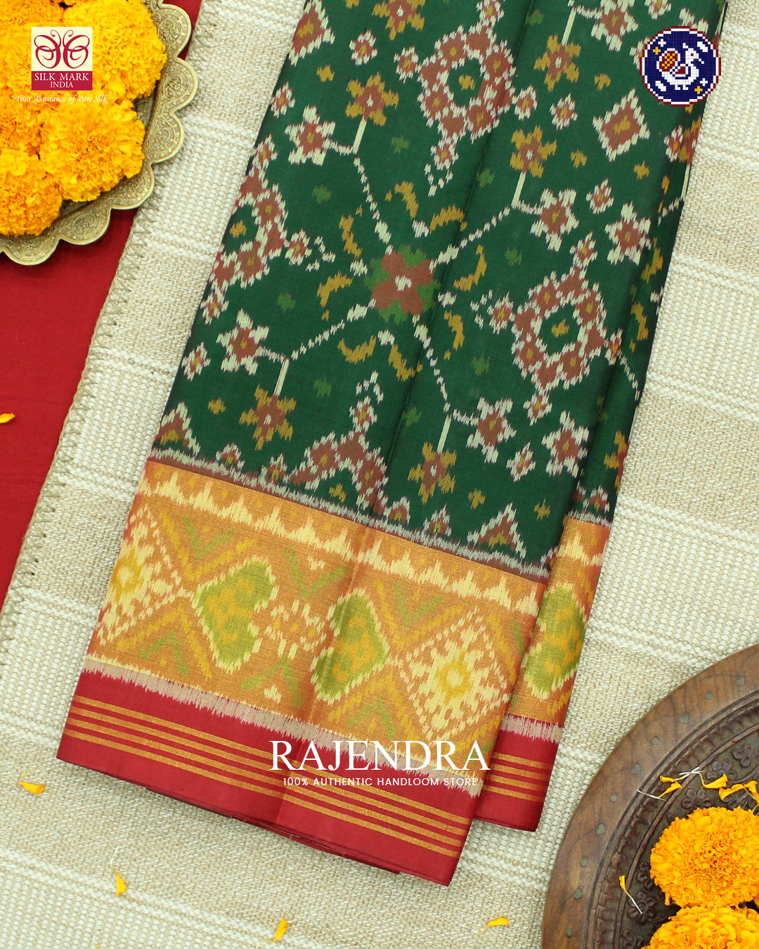 Traditional Navratna Design Red and Green Rajkot Patola Saree