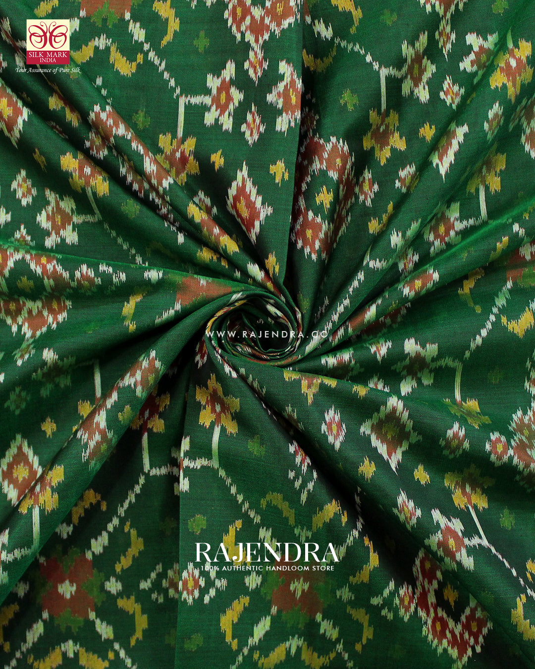 Traditional Navratna Red and Green Single Ikat Rajkot Patola Saree