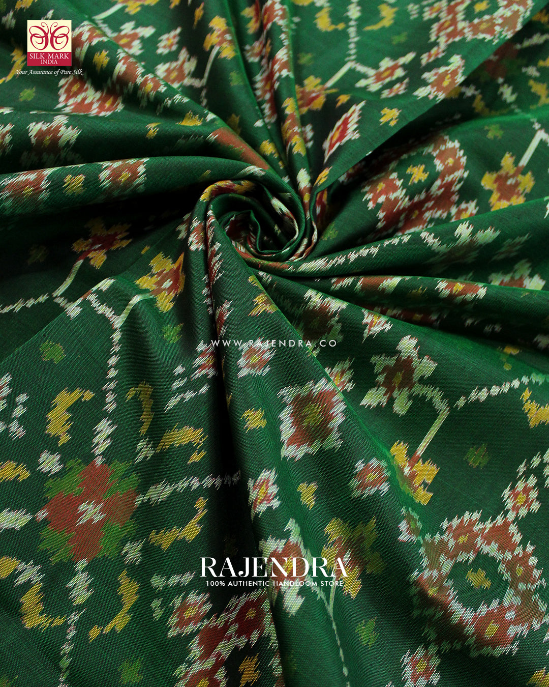 Traditional Navratna Red and Green Single Ikat Rajkot Patola Saree