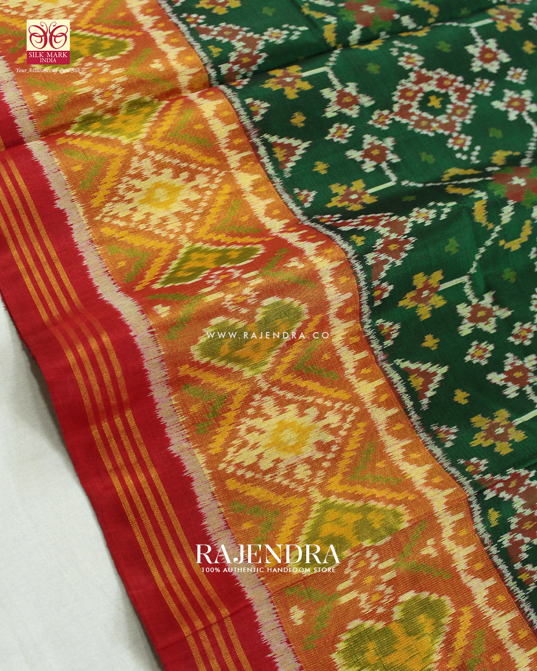 Traditional Navratna Red and Green Single Ikat Rajkot Patola Saree