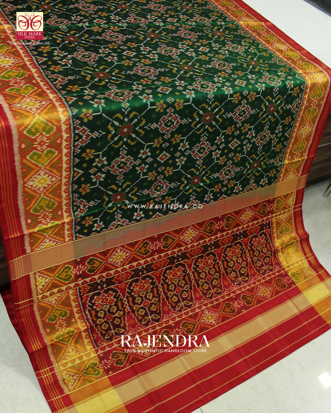 Traditional Navratna Red and Green Single Ikat Rajkot Patola Saree
